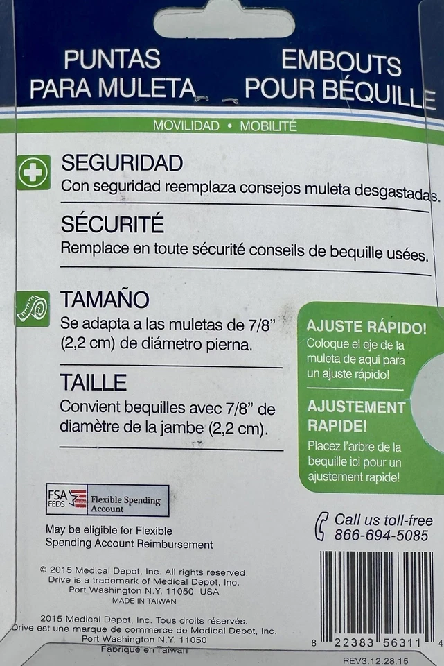 Puntas de muleta Drive Medical RTL10439B, 7/8", gris, 1 par nuevas. En paquete. Foto 3 de 3