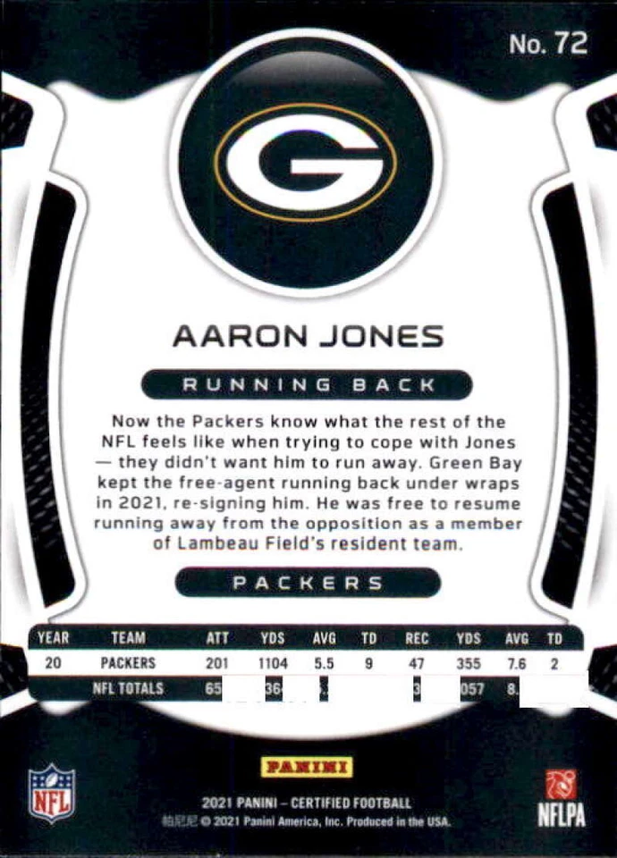 2021 Panini Certified #72 Aaron Jones  Green Bay Packers Football Card  - Image 2 of 2