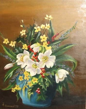 Impressionist oil painting still life with flowers signed