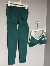 NX Seamless Athletic Activewear Set Green Knit Leggings  Bra Women's Sports