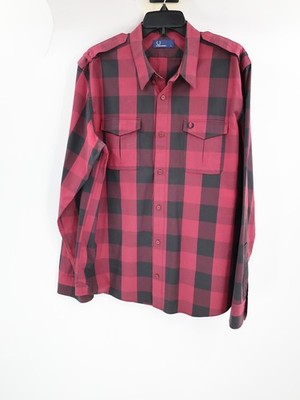 Fred Perry Shirt Mens Large Plaid Cotton Button Down Long Sleeve Pockets Casual