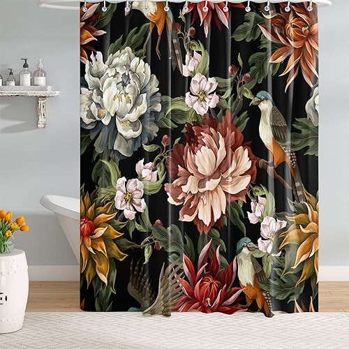 Extra langer Vintage Pfingstrosen Rosen und Vögel Duschvorhang 72 x 84 Zoll, - Bild 3 von 7