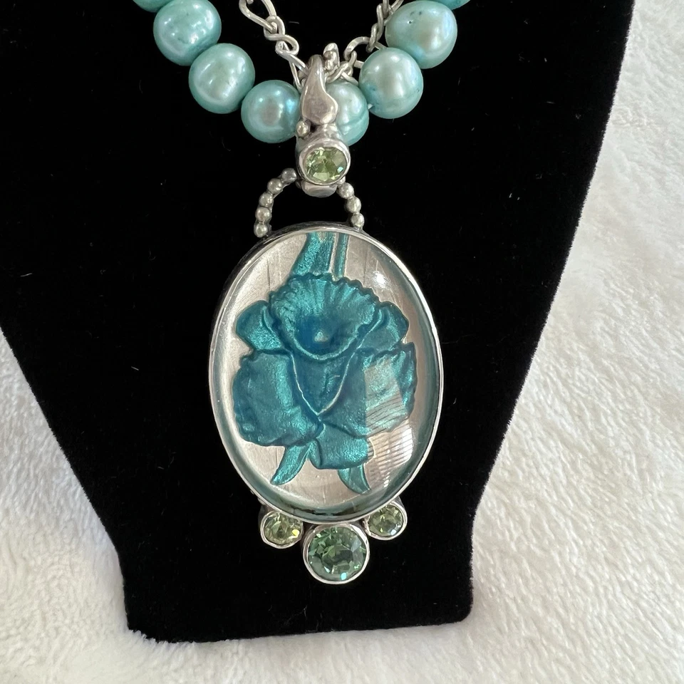 Mars & Valentine Necklace Sterling Silver Blue Green Pearl Pendant 18" NS2113 - Image 2 of 4
