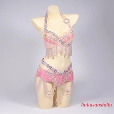 Women Rhinestones Sequin Beaded Bellydance Wear Bra Belt Set Stage Dance Costume