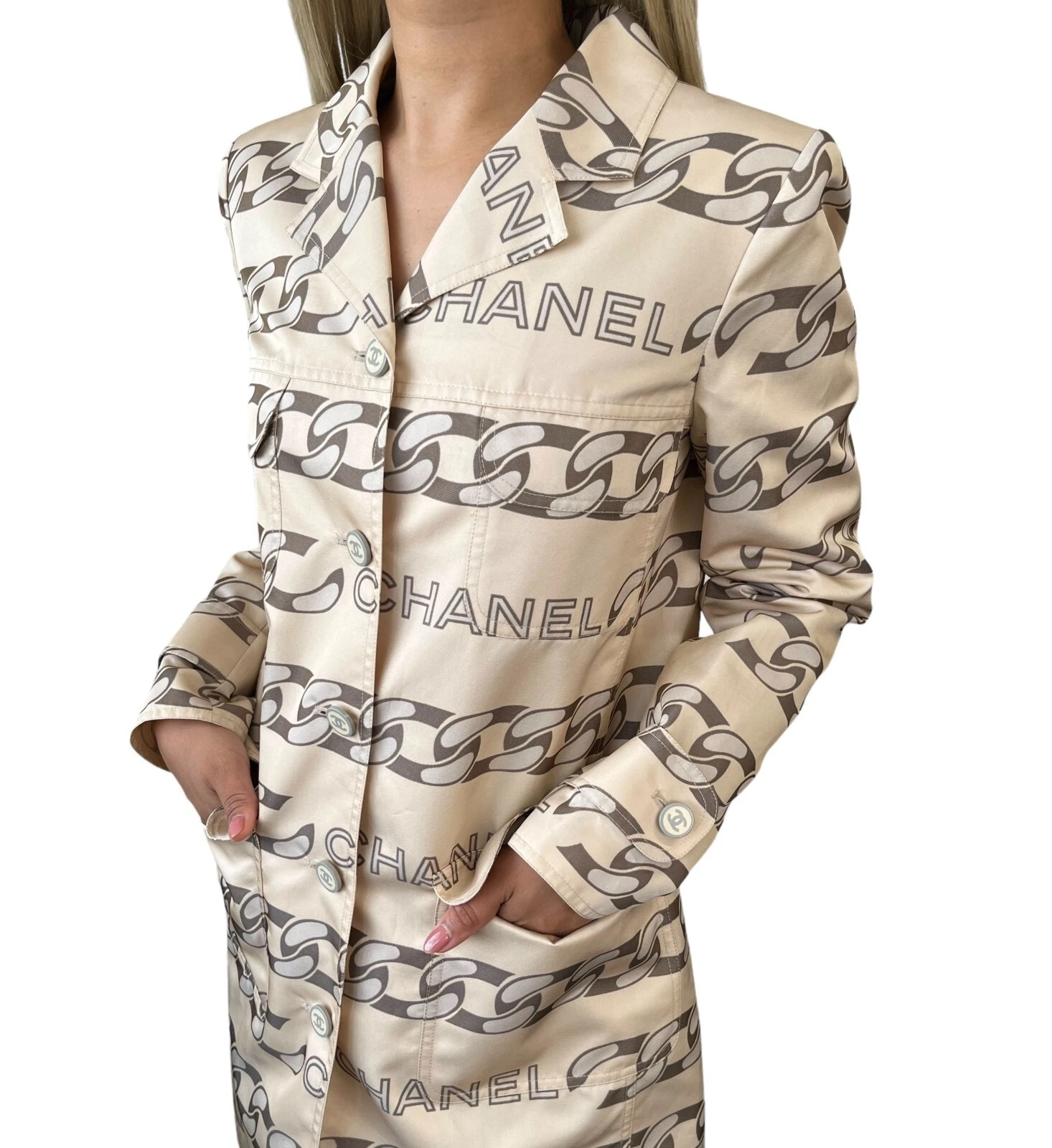 Cappotto medio CHANEL vintage 01A CC logo #38 giacca lunga poliestere bottoni panna