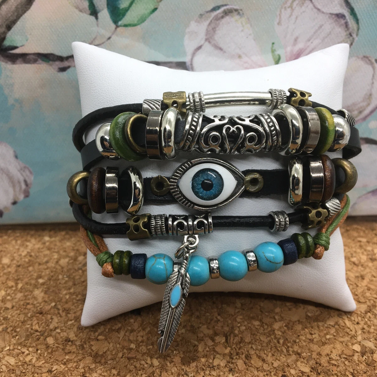 Charm Men s Women s Leather Bracelet Wristband Beaded Jewelry Wrap New Tie 3520