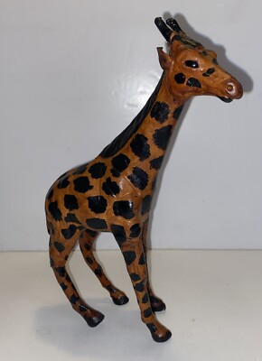 Vintage Leather Wrapped Standing Giraffe Figure Statue 9.5   Glass Eyes