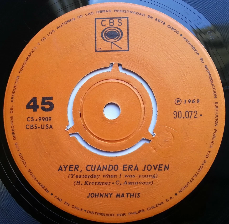 JOHNNY MATHIS YESTERDAY WHEN I WAS YOUNG 1969 UNIQ CVR! UNIQ CHILEAN PRESS ONLY! - Image 4 of 4