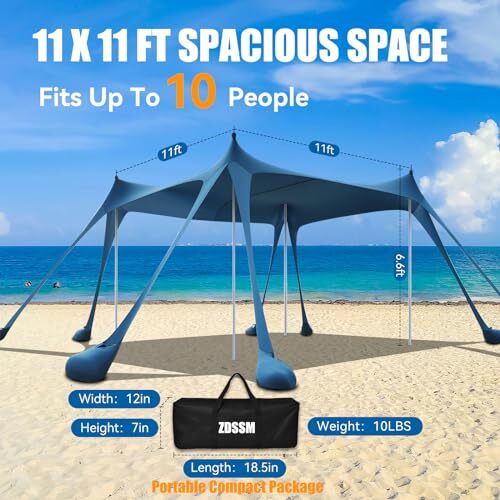 Beach Tent Sun Shelter Portable Pop Up Beach Sun Shade Canopy 11x11 FT UPF80+ - Picture 3 of 7