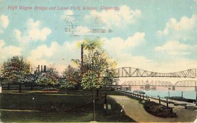 c1910 High Wagon Bridge And Levee Park Winona MN P511