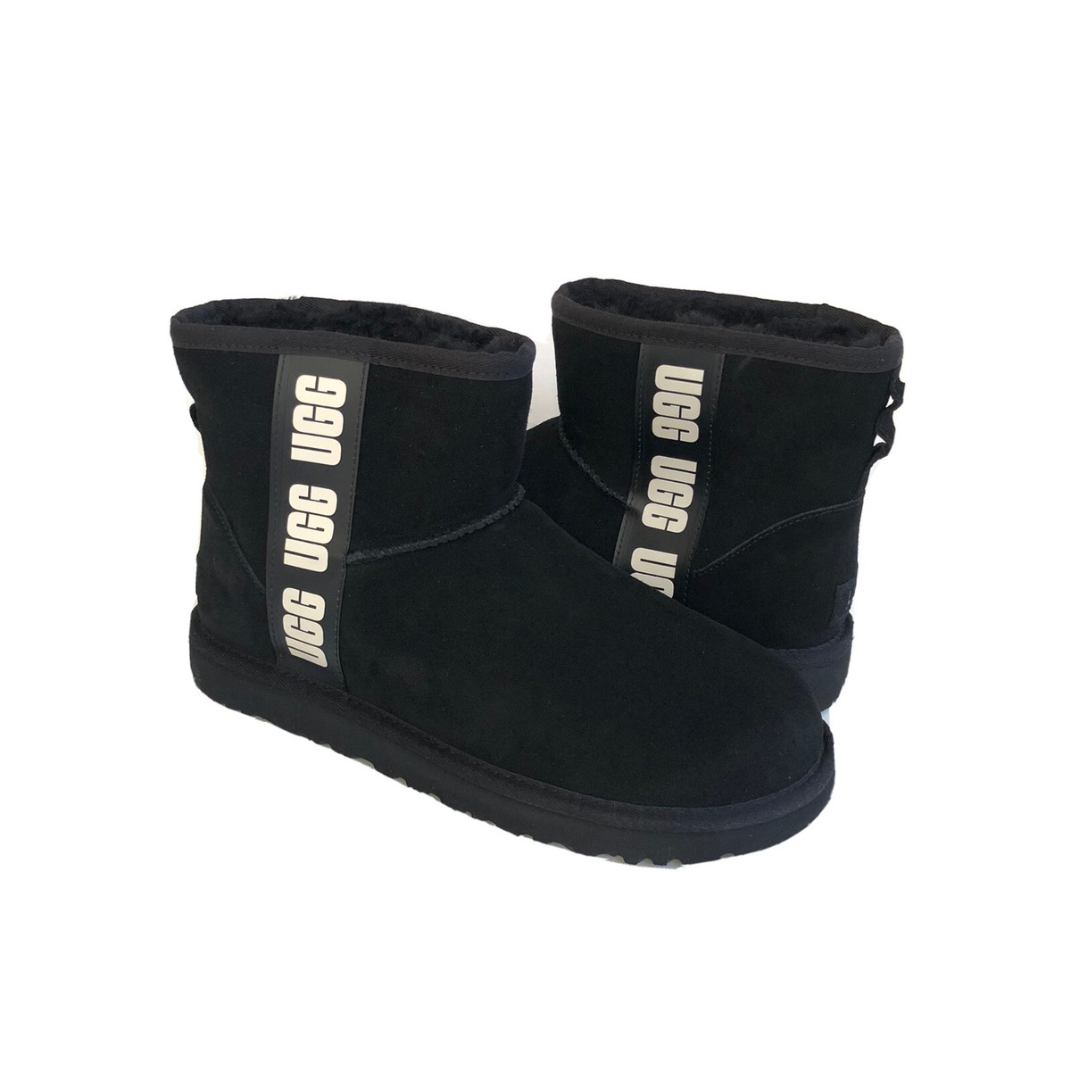 UGG CLASSIC MINI SIDE UGG RUBBER LOGO GRAPHIC BLACK BOOT US 8 / EU