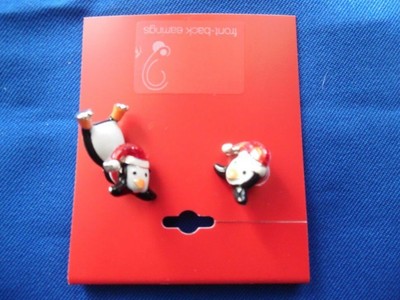GREAT PAIR PIERCED PENQUIN EARRINGS COLORED ENAMELD NEW