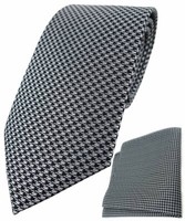 Tigertie Krawatte + Einstecktuch In Silber Grau Schwarz Houndstooth Gemustert