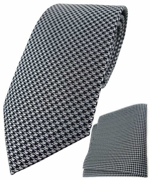 Tigertie Krawatte + Einstecktuch In Silber Grau Schwarz Houndstooth Gemustert-image