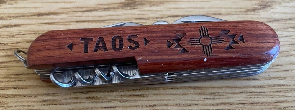Multi-tool Pocketknife Gone Huntin and Taos Engraved on Wood Handle 9 Blades