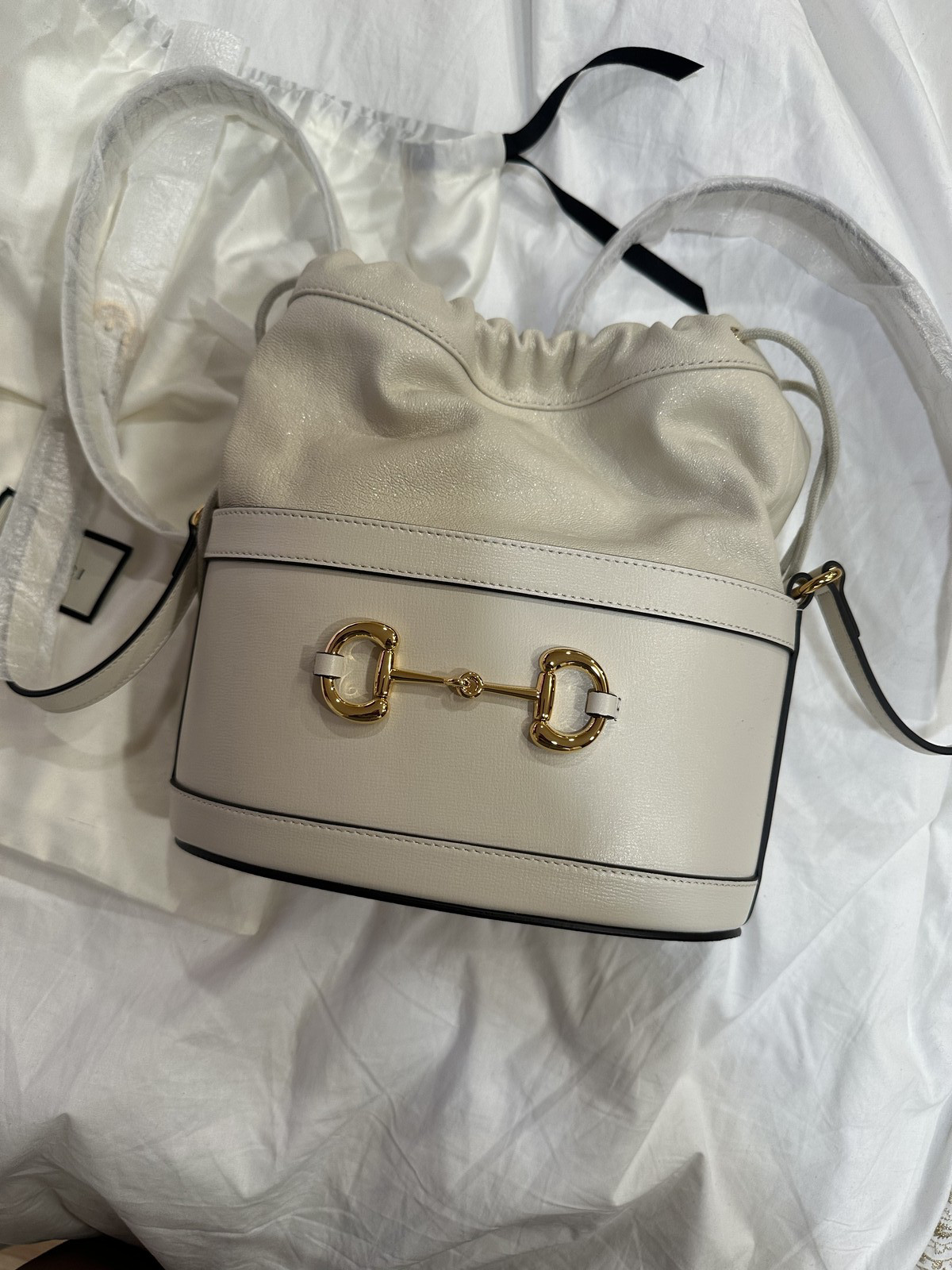 Gucci Horsebit 1955 GG Bucket Bag Small white Canvas/Leather/Suede