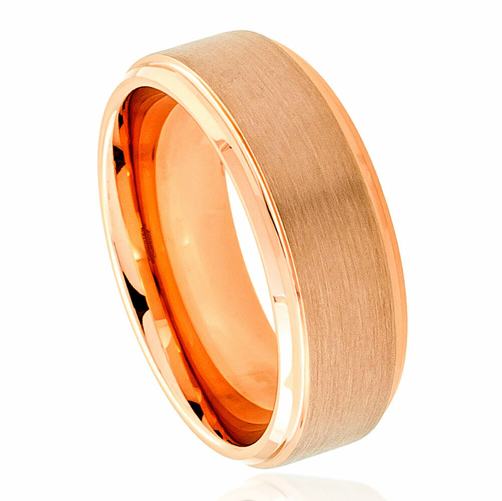 8mm Men's Tungsten Carbide Rose Gold Brushed Center Wedding Band