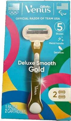 Gillette Venus Deluxe Smooth Gold 1 Razor 2 Cartridges NEW