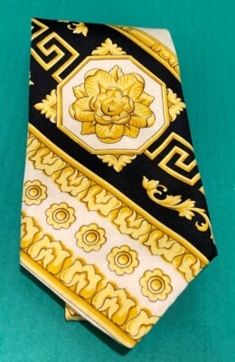 Versace Yellow, White & Black  Silk Tie Floral Design