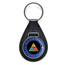 Cold War Veteran 2nd Armored Division Black Leather Keychain Silver Keyring