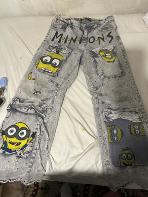 REDFOX Men s Straight Fit Gray Denim Jeans Cartoon Painted Distressed 5-Pocket