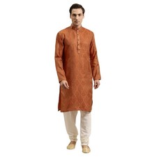 Sojanya Since 1958 Men'S Jacquard Silk Orange Gold Kurta Off-White Churidar