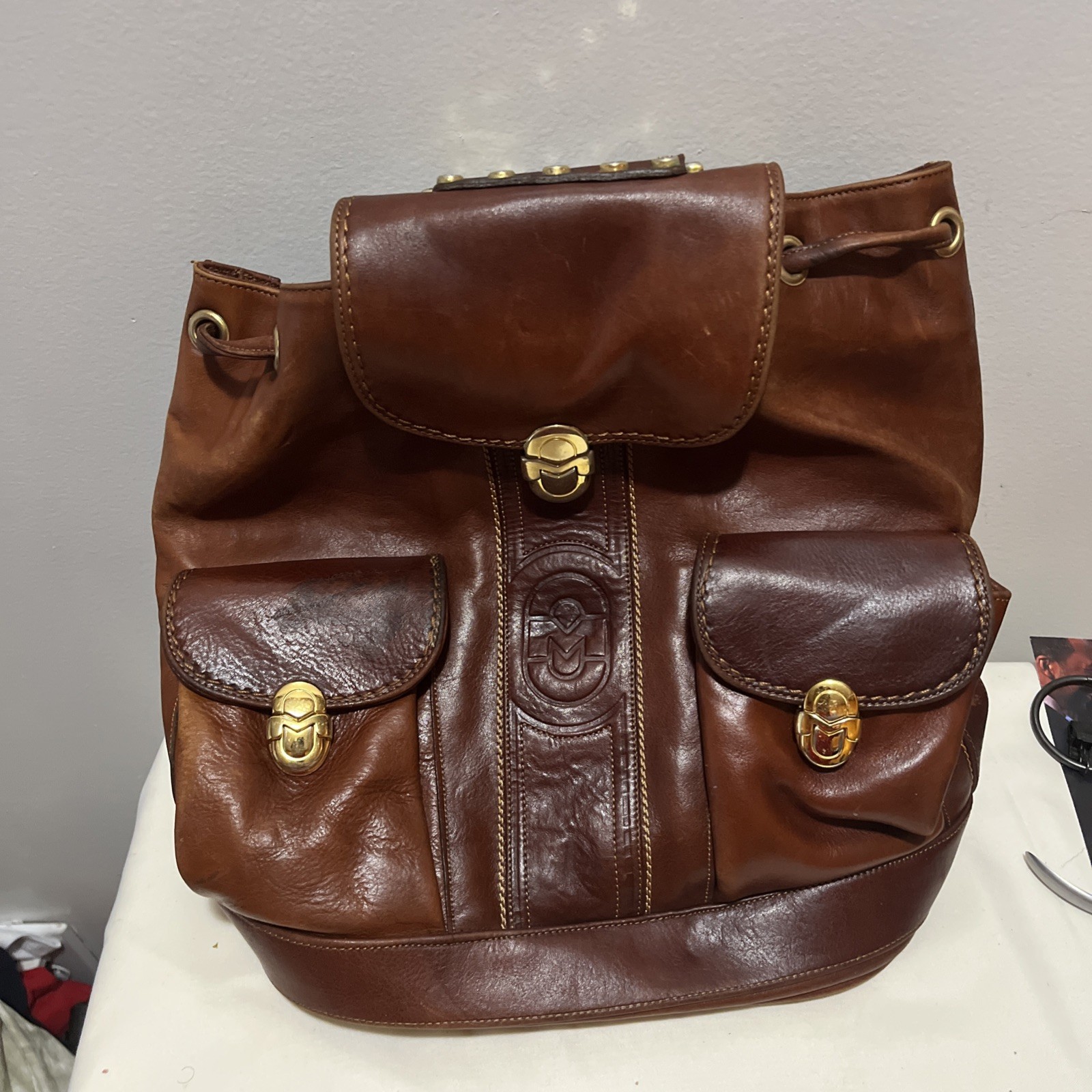 Italian Marino Orlandi Burgundy Leather Bucket Backpack Rare Drawstring Bag