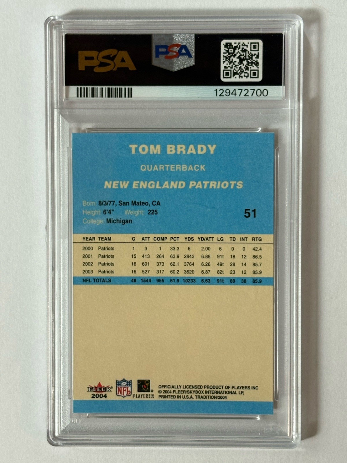 Tom Brady 2004 Fleer Tradition Blue 51 PSA Mint 9 view 2