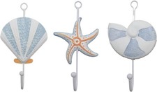 Set of 3 Beach Themed Wall Hooks Starfish Scallop Conch Metal Decorative Hangers