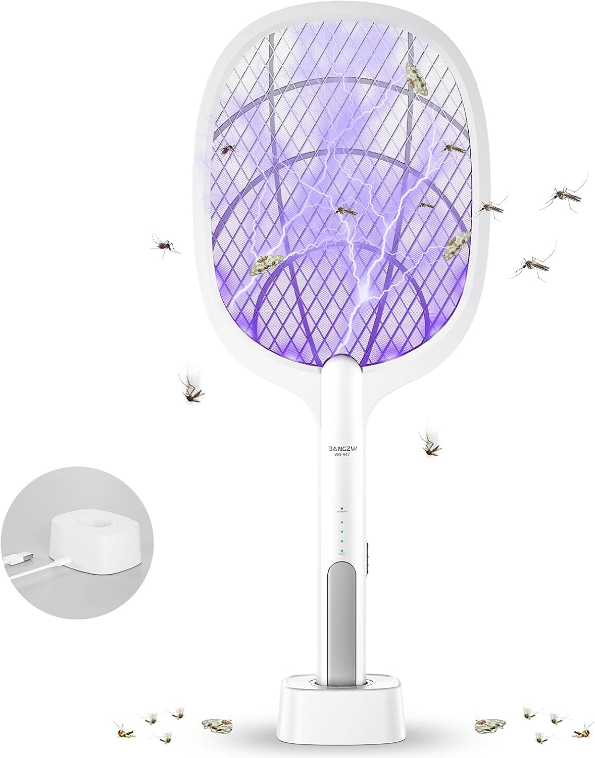 Electric Fly Swatter, 4000V USB Rechargeable Fly Killer Bug Zapper Racket with C