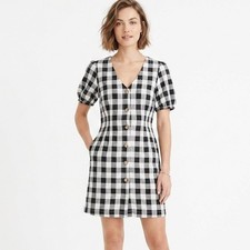 Loft Womens Gingham Dress 4 Black & White Button V-Neck Linen Puff Sleeve Sheath