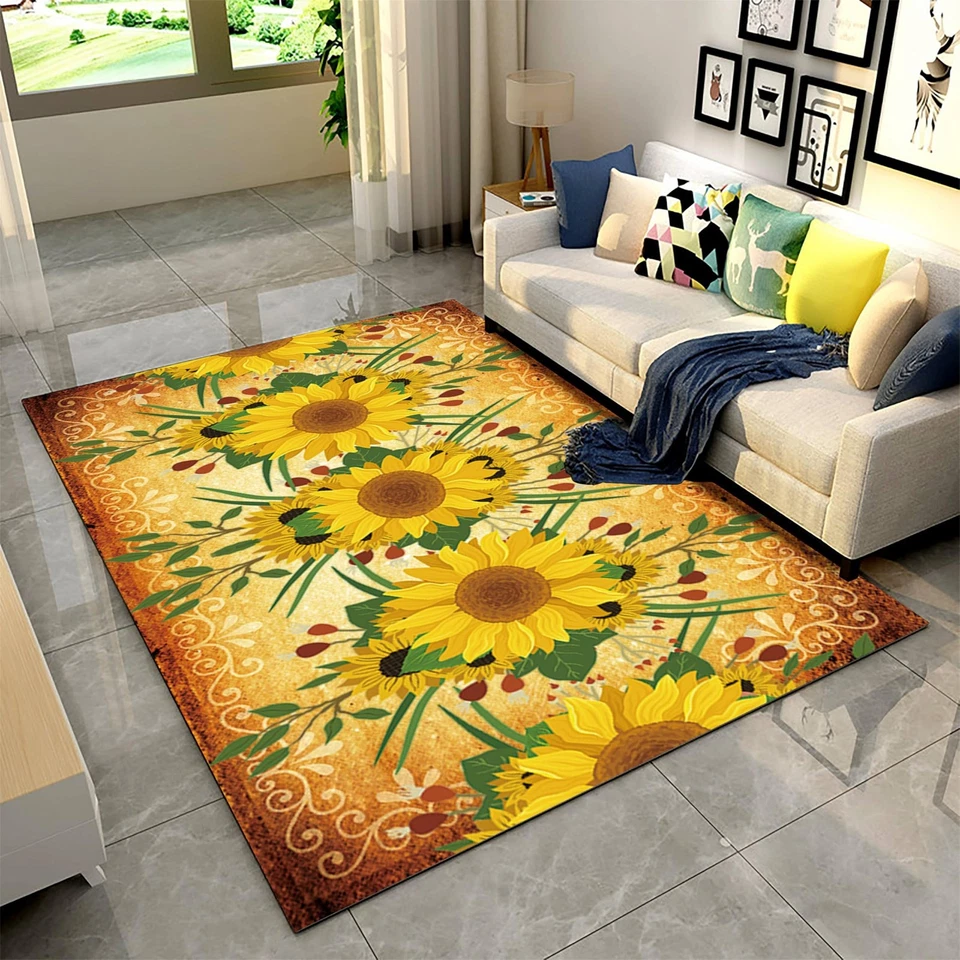 Alfombra amarilla de girasol, alfombra floral de campo de 3x5 pies, lavable antideslizante... Foto 2 de 4