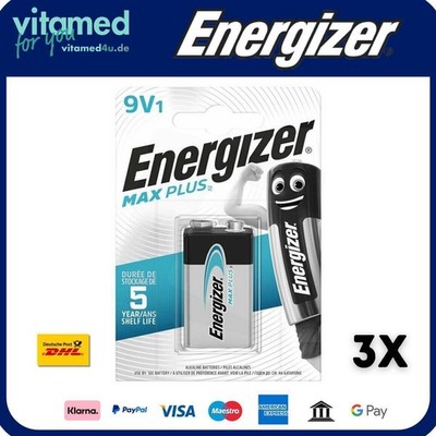 3x Energizer Max Plus 9V E-Block LR61 Alkaline 9V Batterie 1er Blister
