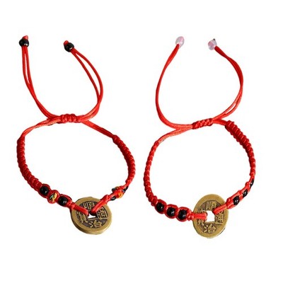 2Pcs Lucky Braide Red String Feng Shui Copper Coin Bracelet Bangle Handmade - 02