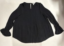 Nine West Women's 2X Black Pleated Ruffle Sleeve Button Closure Tunic Top