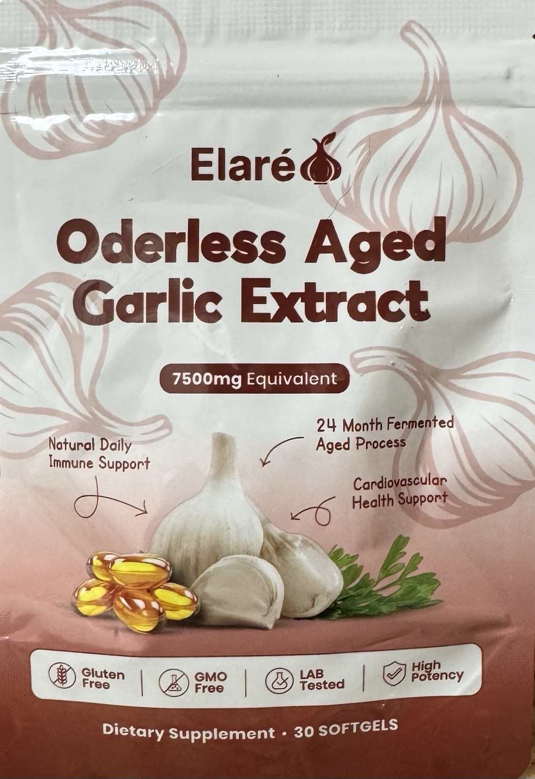 Elaré Odorless Aged Garlic Extract 7500mg Softgels 30 Gluten-Free GMO-Free