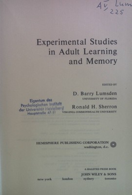 Experimental Studies in Adult Learning and Memory. Lumsden, D. Barry and Ronald 