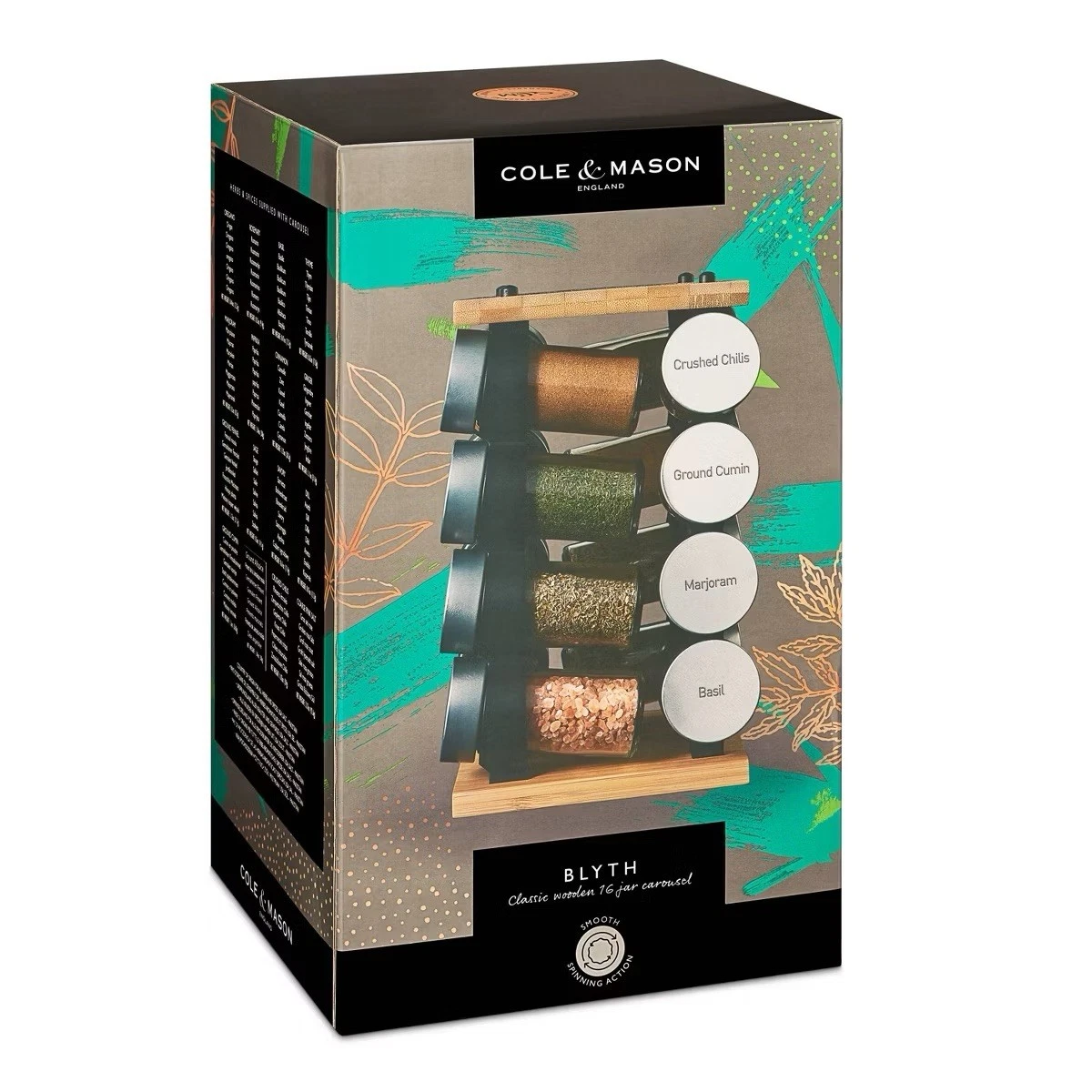 Cole & Mason Blyth Bamboo Spice Rack Carousel 16 Filled Glass Jars - NEW!