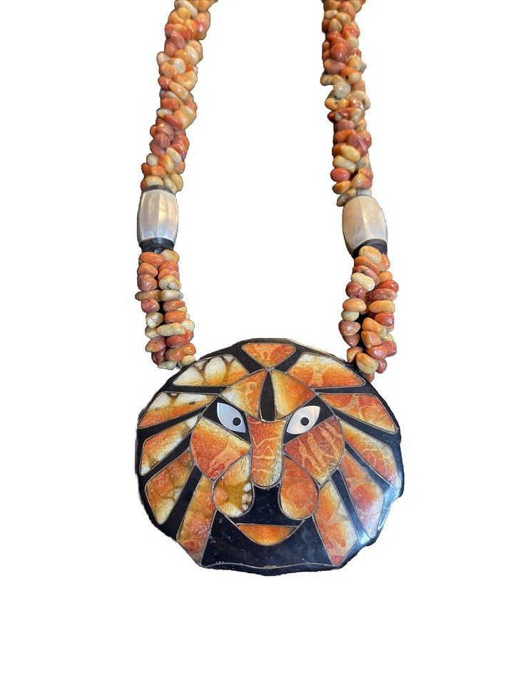 Lion Shell Inlay Vintage Lee Sands Inlaid Shell & Coral Lion Face Inlay Necklace | eBay