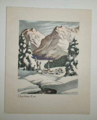 Vtg Christmas Card PEACEFUL Winter Scene Village Mts. Pines Stream