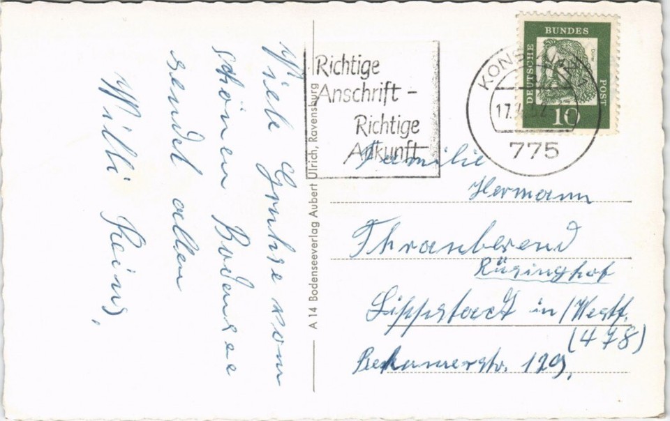 Ansichtskarte Konstanz Bodensee RheinAusfluss mit Schweizer Alpen 1952