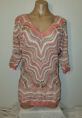 Cache Retro Large Orange Metallic Knit Abstract V-neck 3/4 Sleeve Blouse Top