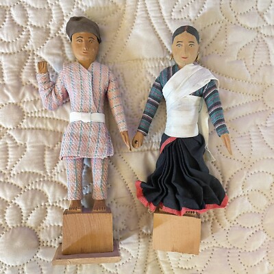 VTG Man & Woman Figurine Hand Made Carved Wood Nepal Folk Art 50s Self Standing