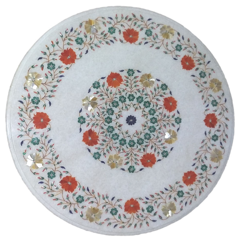 24-inch Handmade Marble Center Table with Floral Inlay Art for Home Decor  