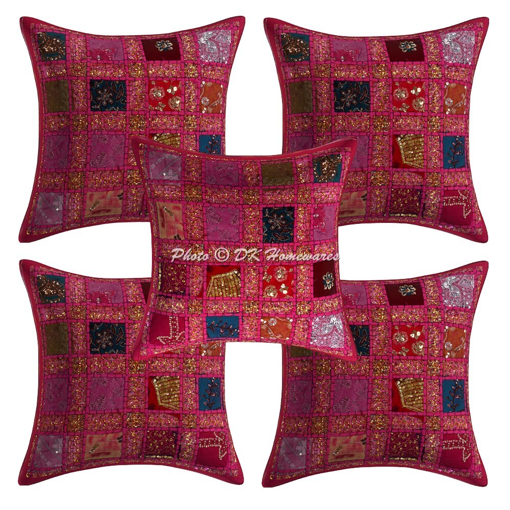 Cotton Indian Throw Pillow Covers Patchwork Embroidered Sequins Set Of 5 Cushion