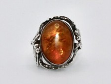 Vintage Unisex Sterling silver 925 Art Deco Filigree Amber ring size 6.5