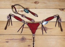 Western Headstall  Breast Collar Tack Set - Gladiator Style with Clyster Red