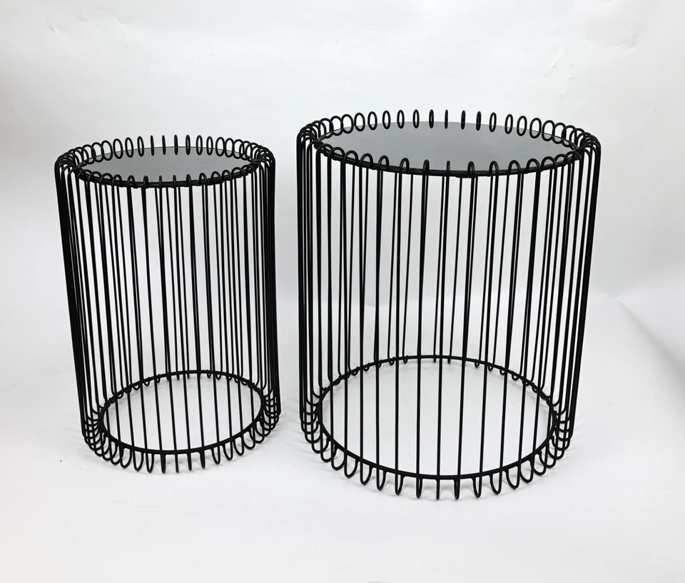 Nesting Set of 2 Round End Tables Wire Coffee Table Cage Mirrored Top Livingroom - Image 3 of 3