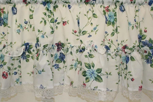 Country Floral Ruffled Valance Tiers Daisy Lace Trim Flowers Cafe Curtain
