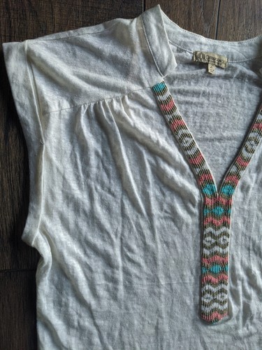 Democracy Womens 100% Linen Blouse W/ Aztec Style Beading Size Large - Picture 5 of 12